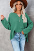 Henley Button Placket Side Slit Drop Shoulder Pullover Knit Sweater